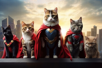 Cats dressed as superheroes, posing heroically on a cityscape background, - obrazy, fototapety, plakaty