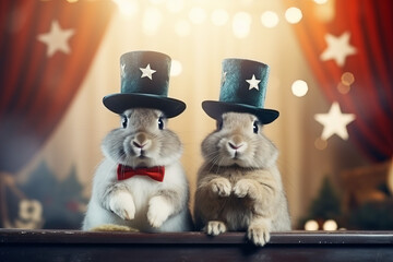 Bunnies in a Magic Show Charming animal act. Bunnies dressed as magicians, with hats and wands, on a mystical background, ideal for a magic show poster, with copy space for text 
