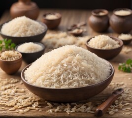 Uncooked rice in bowls and bowls on wooden table, closeup