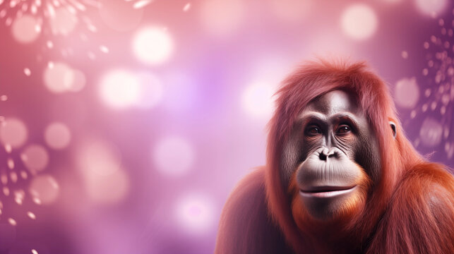 Orangotango isolado em um fundo roxo, lilás e lavanda com luzes desfocadas - Fundo de tela 