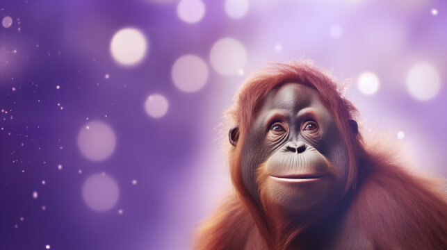 Orangotango isolado em um fundo roxo, lilás e lavanda com luzes desfocadas - Fundo de tela 