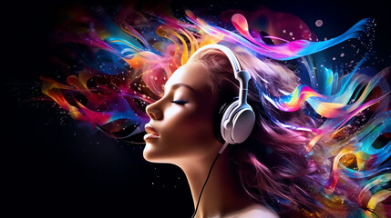 a woman with headphones and colorful smoke