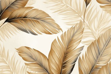 Vintage tropical leaves on a beige background with a golden texture. Luxurious mural, premium wallpaper. Watercolor design in 3D painting illustration. Stylish and seamless border for. Generative AI - obrazy, fototapety, plakaty