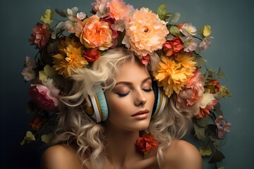 woman listen music with headphones, while flowers in her hair isolated , Generative AI