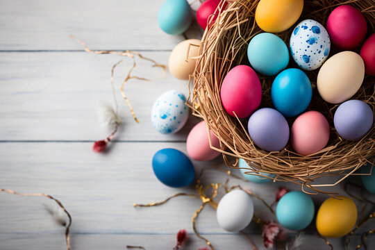 Colorful Easter eggs nestle in straw on a wooden surface.