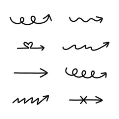 Cute hand drawn arrows set in doodle scribble style. Funny collection of freehand arrows, curved lines, swirls. Business arrow mark icons for web, banner, design isolated on white background