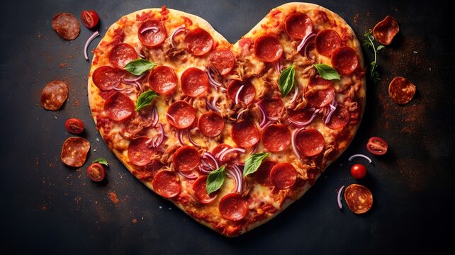Heart shaped pizza for Valentine's Day. Generative AI