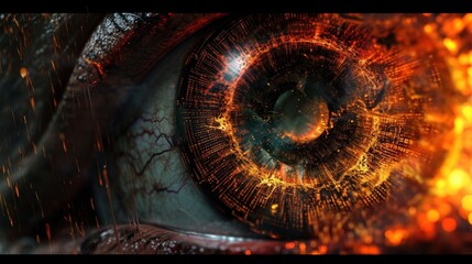 A close up of a eye with fire around it, AI