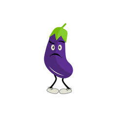 Cute eggplant character vector illustration. Flat eggplant cartoon character waving. Minimal purple eggplant fruit design for children books. Eggplant cartoon character