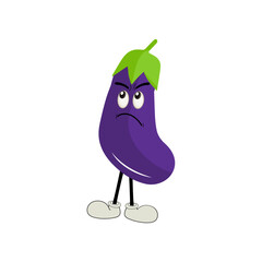 Cute eggplant character vector illustration. Flat eggplant cartoon character waving. Minimal purple eggplant fruit design for children books. Eggplant cartoon character
