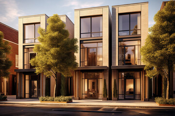 Urban Simplicity Minimalist Row Brick Houses with Expansive Windows Gracing City Streets, an Elegant Fusion of Modern Living in Residential Urban Architecture Exterior. created with Generative AI