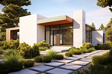 Contemporary Tranquility Modern Small Minimalist Cubic House with Stucco Walls, Landscaped Front Yard, and Paved Pathway. created with Generative AI