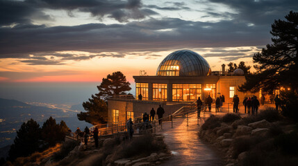 Obraz premium Visitors at a mountain observatory enjoy a stunning sunset behind a scenic landscape with a glowing orange sky.