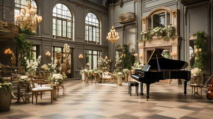 Fototapeta na wymiar Elegant ballroom with grand piano, chandeliers, and sophisticated floral decorations, perfect for weddings and upscale events.