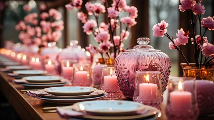 Foto auf Leinwand Elegant dinner table setting with pink candles, cherry blossoms, and fine glassware, perfect for romantic and festive occasions. © apratim
