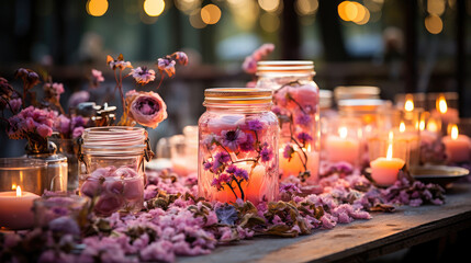 Romantic table setting with lit candles in mason jars and scattered pink flower petals, creating an intimate evening ambiance. - Powered by Adobe