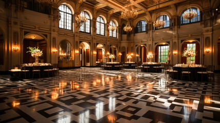 A grand and elegant ballroom with luxurious chandeliers, set up for an upscale event or celebration.