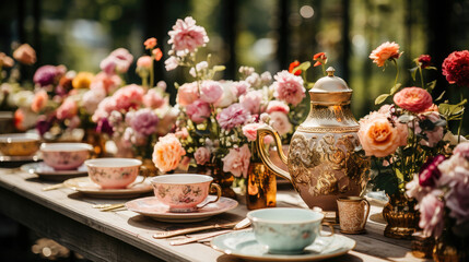 Obraz na płótnie Canvas An elegant vintage tea set with patterned cups and a gold teapot amidst blooming roses on a garden table.