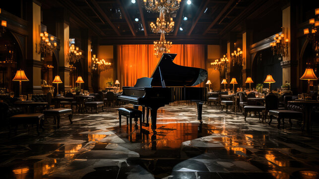 Elegant interior of a luxurious venue with a grand piano center stage, illuminated by warm lighting and chandeliers.