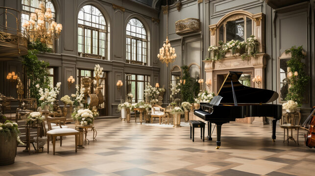 Elegant ballroom with grand piano, chandeliers, and sophisticated floral decorations, perfect for weddings and upscale events.