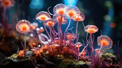 Obraz na płótnie Canvas Enchanting image of glowing mushrooms evoking an underwater fantasy world with neon colors and vivid natural light.