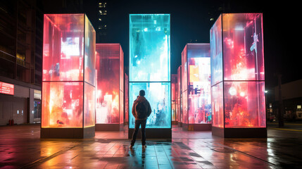 A man stands captivated by glowing colorful light boxes at a stunning urban street art installation...