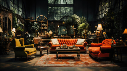 Elegant and cozy vintage living room with luxurious sofas, armchairs, and warm lighting.