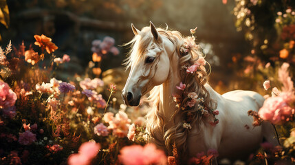 A majestic white horse adorned with flowers, basking in the golden light of a tranquil garden meadow.