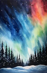 Tuinposter paisagem em aquarela de uma floresta com montanhas ao fundo e uma aurora boreal colorida - Fundo de tela  © vitor