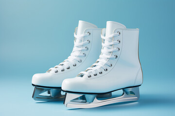 A pair of classic white ice skates on a fresh blue background, evoking thoughts of winter sports. - obrazy, fototapety, plakaty