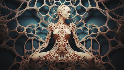 Surreale Skulptur einer sitzenden Frau, geformt aus organisch designten fraktalen Strukturen mit hoher Komplexität, die an Knochen oder Korallen erinnern. Vor blauem Hintergrund - obrazy, fototapety, plakaty