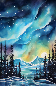 paisagem em aquarela de uma floresta com montanhas ao fundo e uma aurora boreal colorida - Fundo de tela 
