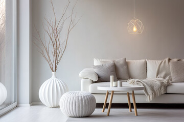 Serene Simplicity White Knitted Pouf Near Sofa Against Wall with Copy Space - Minimalist Home Interior Design in Modern Living Room. created with Generative AI