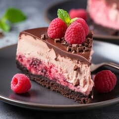Piece of chocolate cheesecake with raspberries on the dark table