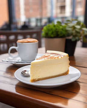 Piece of cheesecake and cup of cappuccino on the street cafe table