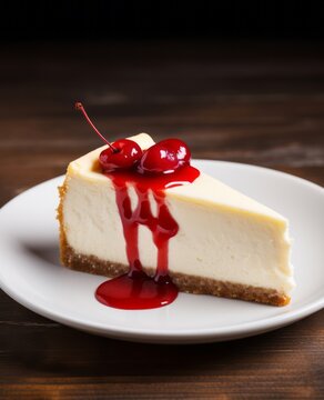 New York cheesecake with cherries on the top on the wooden table