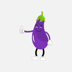 Cute eggplant character vector illustration. Flat eggplant cartoon character waving. Minimal purple eggplant fruit design for children books. Eggplant cartoon character.