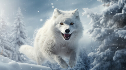 A lively image of a snow fox with exaggerated features, leaping through a snowy forest.