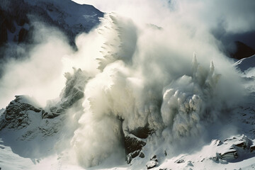 A dramatic scene of an avalanche tumbling down a mountain, with clouds of snow dust.