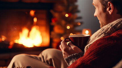 Man relaxes by warm fire with a cup of hot coffee. Winter, holidays concept 