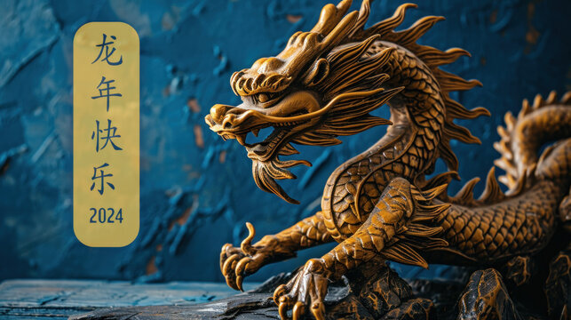 carte de vœux 2024 avec le dragon de bois pour le nouvel an chinois, texte en chinois "Bonne année du dragon 2024"