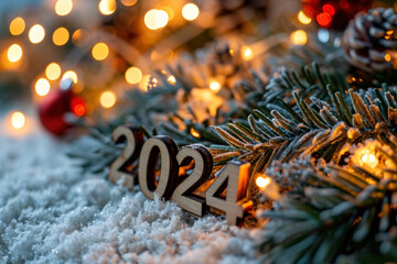 année 2024 en 3d en bois dans un décor de noël et de fêtes de fin d'année avec sapin, boules ,...