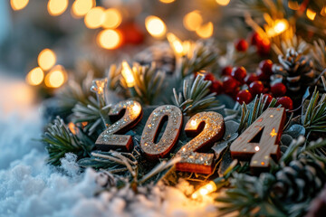 année 2024 en 3d en bois dans un décor de noël et de fêtes de fin d'année avec sapin, boules , gui, guirlandes et bougies