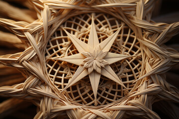 An image of an intricate straw mandala, showcasing geometric patterns and symmetry. - obrazy, fototapety, plakaty