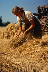 Naklejka na ściany i meble A detailed depiction of traditional hand-threshing of wheat using flails.