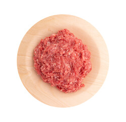 raw beef mince in wooden plate isolated, minced meat of pork or chiken top view, ready to cook lasagna or meatballs