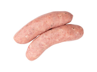 two uncooked pork sausages isolated, freshness food with clipping path, raw meat sausages for barbeque