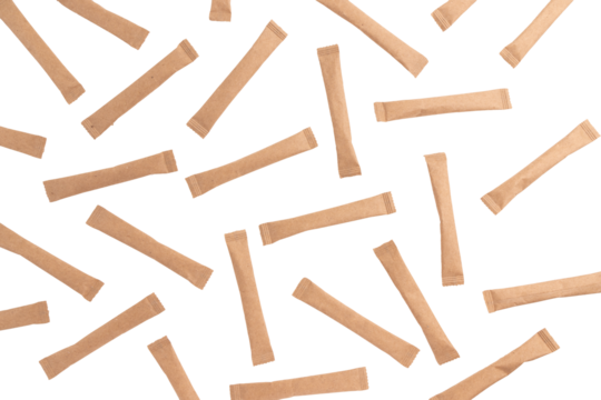 pattern of sugar sticks, sugar in paper kraft packaging, mock up for design isolated