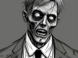 Black and white illustration of a zombie man wearing a suit and tie. Generative AI