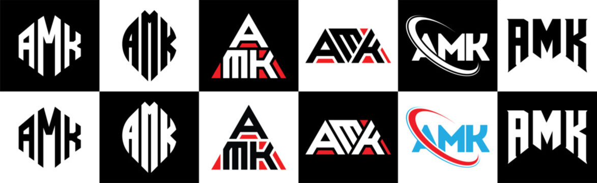 AMK letter logo design in six style. AMK polygon, circle, triangle, hexagon, flat and simple style with black and white color variation letter logo set in one artboard. AMK minimalist and classic logo